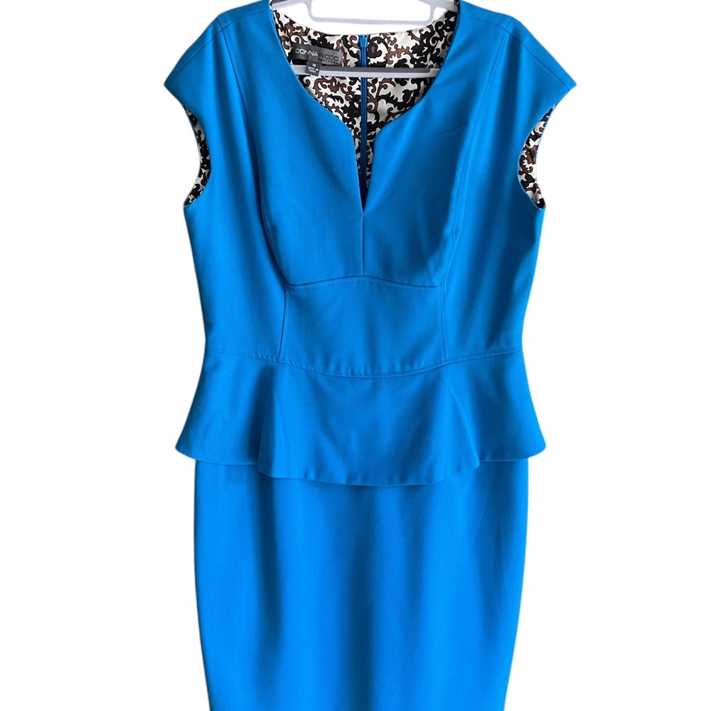 Vintage Donna Rico NY Blue dress w Flattering Peplum Brown Paisley Lining 14